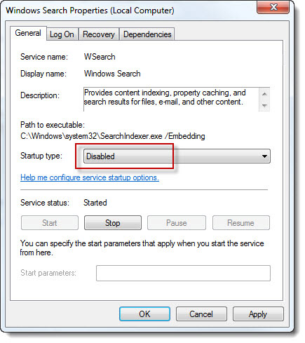 Schakel index service in Windows 7 uit